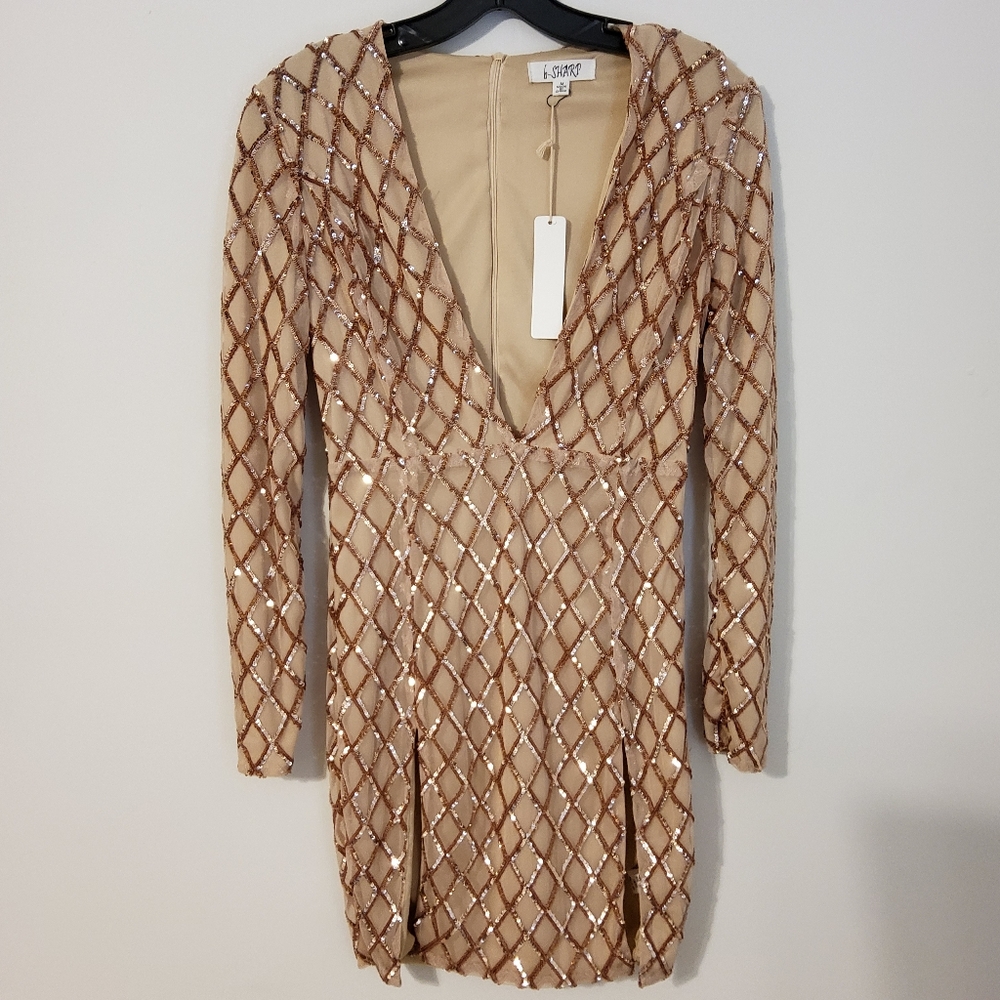 b-Sharp Rose Gold Long Sleeve Sheath Vneck Sequins Mini Dress Size M